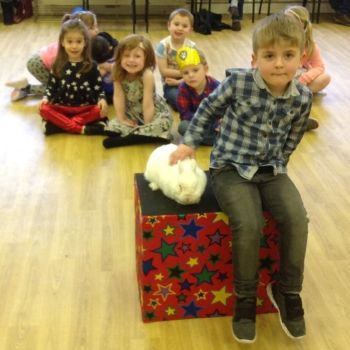 Children's party photo with Snowy the rabbit in Chesterfield