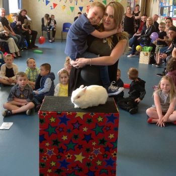 Snowy the rabbit at a kids' birthday celebration in Ilkeston