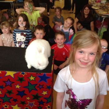 Stoke Family Parties | Magic Tricks & Games Snowy the rabbit entertaining kids at a Stoke-on-Trent birthday celebration