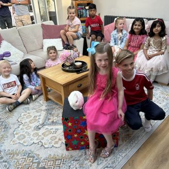 West Bridgford Kids Magician | Birthday Party Entertainment West Bridgford birthday party photo with Snowy the rabbit