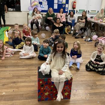 Children’s entertainer with Snowy the live rabbit at a birthday party in Birmingham