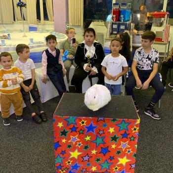 Children’s entertainer with Snowy the live rabbit at a birthday party in Carlton