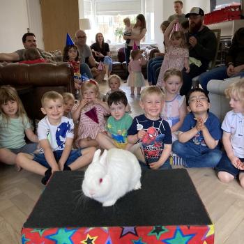 Snowy the live rabbit at Children’s Birthday Party in Chesterfield Children’s entertainer with Snowy the live rabbit at a birthday party in Chesterfield