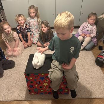A group of children laughing and clapping during a birthday party show in Southwell