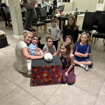 Children’s entertainer with Snowy the live rabbit at a wedding in Chilwell
