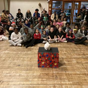 Children’s entertainer with Snowy the live rabbit at a birthday party in Lichfield