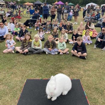 Children’s entertainer with Snowy the live rabbit at an event in Mansfield