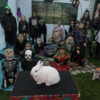 Children’s entertainer with Snowy the live rabbit at an event in Newark