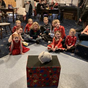 Children’s entertainer with Snowy the live rabbit at a party in Sutton In Ashfield