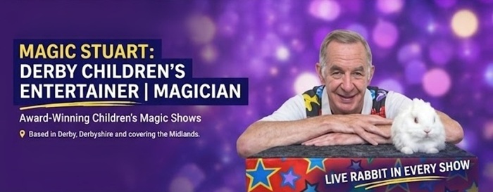 Magic Stuart and Snowy the live rabbit for parties in Derby, Derbyshire, and the West Midlands.
