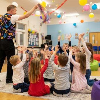 Children's entertainer performing an interactive fun magic show at a birthday party in Birmingham
