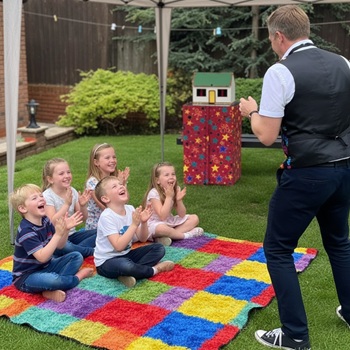 Children's entertainer performing an interactive fun magic show at a birthday party in Chellaston