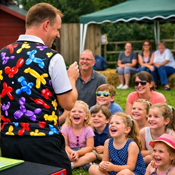 Children's entertainer performing an interactive fun magic show at a birthday party in Long Eaton