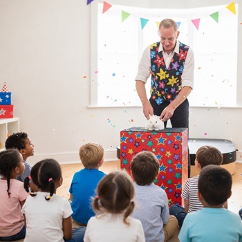 Children's entertainer performing an interactive fun magic show at a birthday party in Stafford