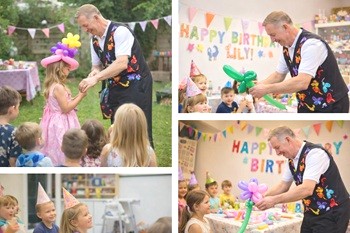 Magic Stuart handing a balloon flower to a smiling child at a birthday party