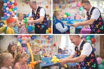 Children watching Magic Stuart twist colourful balloon models during an indoor birthday celebration.
